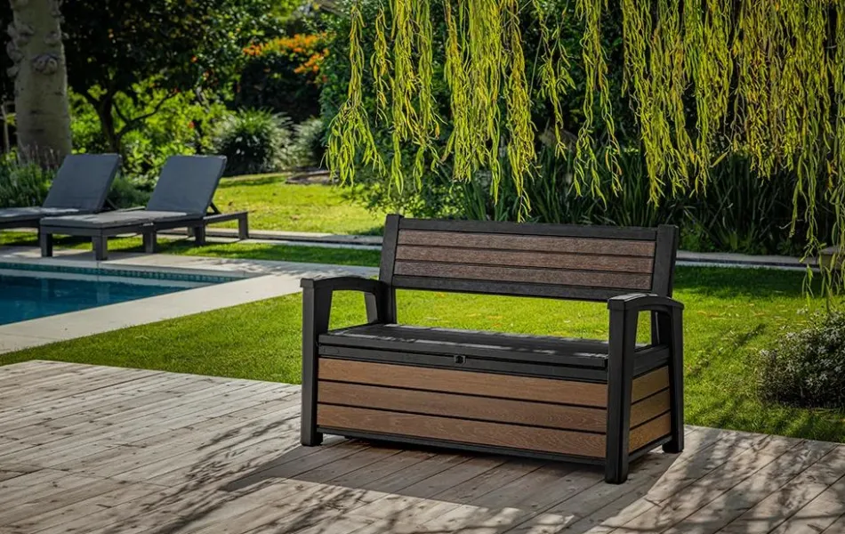 Outlet Signature 60 Gallon Outdoor Storage Bench - Walnut Brown Outdoor Benches|Outdoor Storage Benches