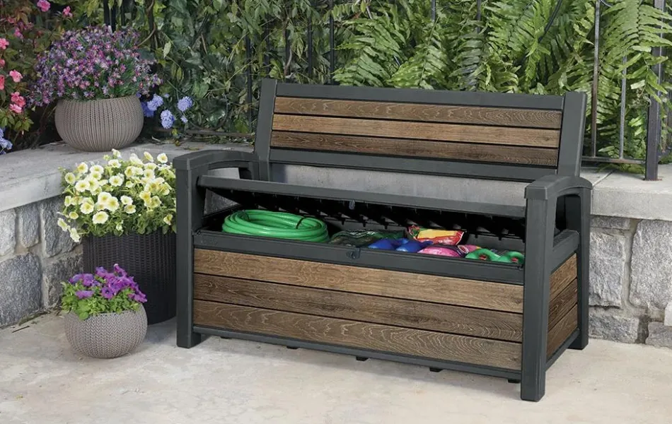 Outlet Signature 60 Gallon Outdoor Storage Bench - Walnut Brown Outdoor Benches|Outdoor Storage Benches