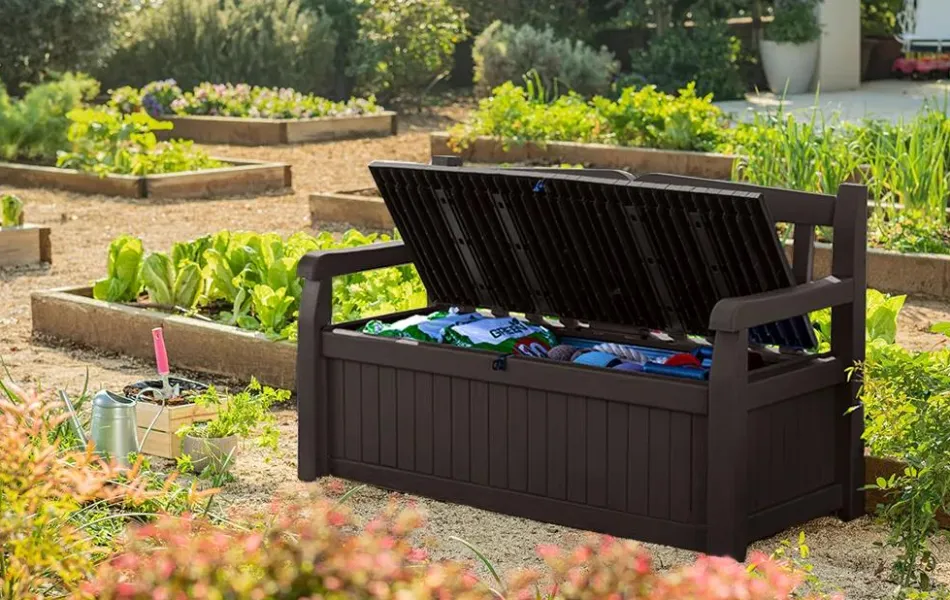 Sale Solana 70 Gallon Outdoor Storage Bench - Brown Outdoor Benches|Outdoor Storage Benches
